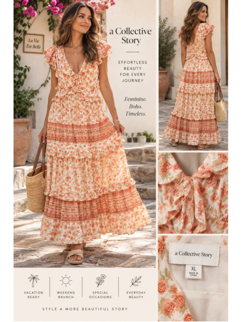 A Collective Story XL Floral Ruffle Maxi Dress Boho Cottagecore NWT